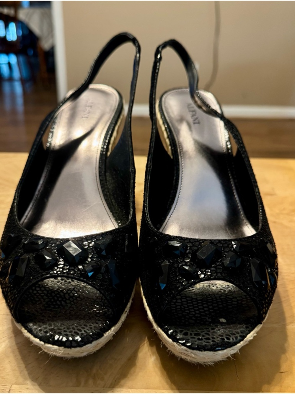 Alfani Black Embellished Peep-Toe Slingback Wedges